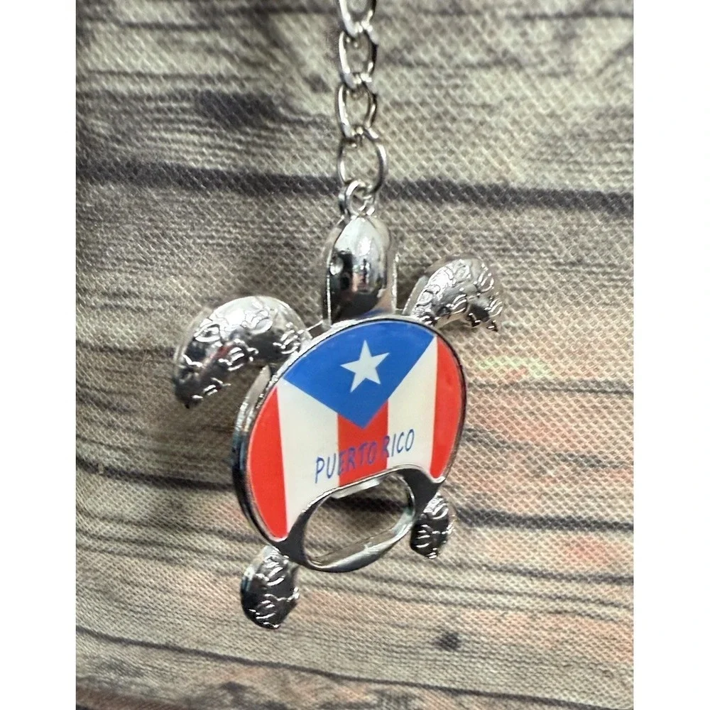 Puerto Rico Turtle Flag Bottle Opener Keychain Silver Tone Metal Souvenir